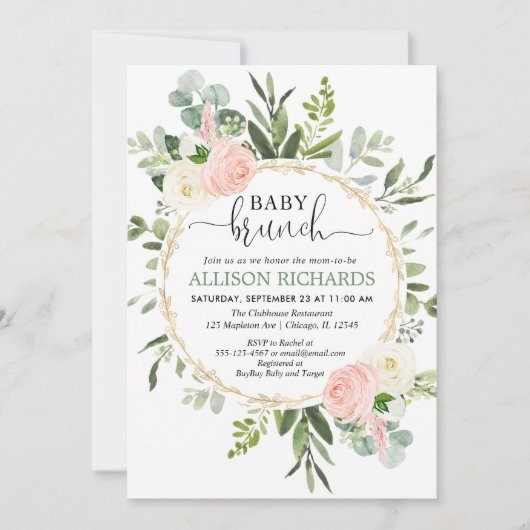 Brunch baby shower meisje, Eucalyptus roze goud Kaart (Voorkant)