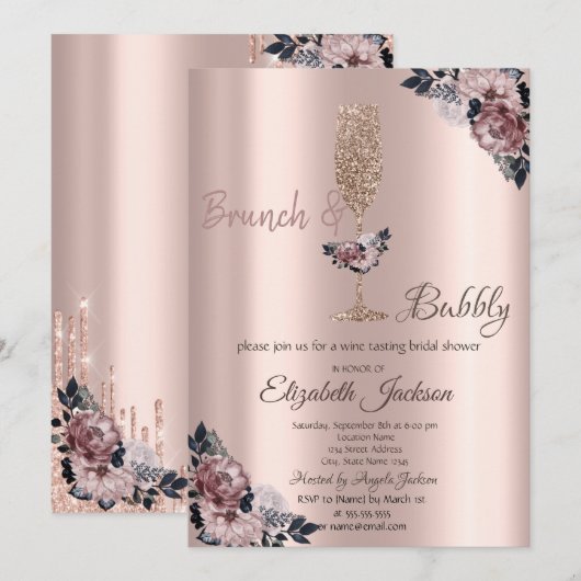 Brunch & Bubbels Bloemendruppels Bruidsuitnodiging Kaart (Voorkant / Achterkant)