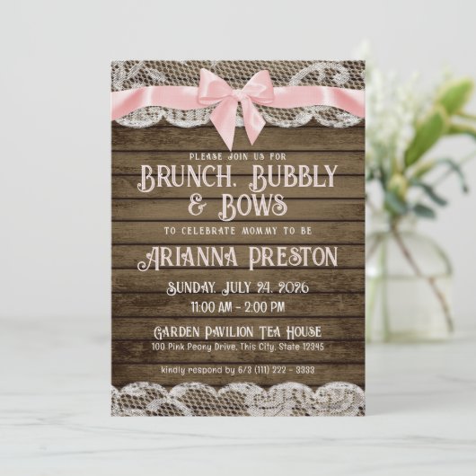 Brunch Bubble Barn Wood en Bows Baby shower Kaart (Staand voorkant)