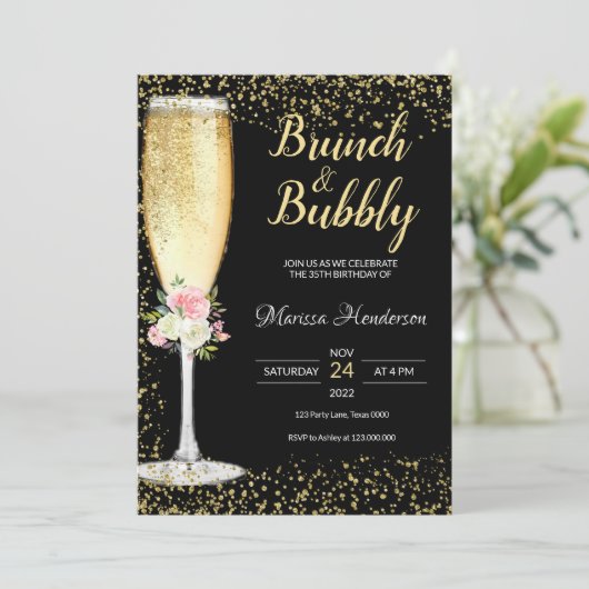 Brunch & Bubble Birthday Floral Invitation Kaart (Staand voorkant)