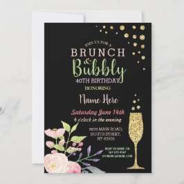 Brunch & Bubble Birthday Gold Floral Invite Kaart