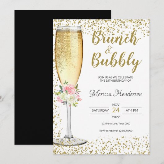 Brunch & Bubble Birthday Pink Floral Invitation Kaart (Voorkant / Achterkant)