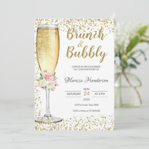 Brunch & Bubble Birthday Pink Floral Invitation Kaart