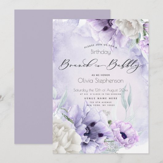 Brunch Bubble Birthday Waterverf Lila Poppy Kaart (Voorkant / Achterkant)