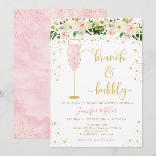 Brunch & Bubble Blush & Gold Floral Vrijgezellenfe Kaart (Voorkant / Achterkant)