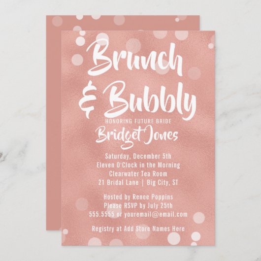 Brunch & Bubble Bridal Shower Invitation Roos Gold Kaart (Voorkant / Achterkant)
