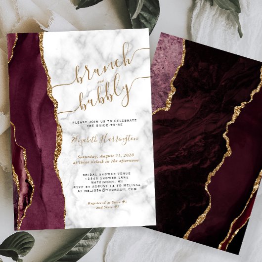 Brunch & Bubble Burgundy Gold Agate Vrijgezellenfe Kaart