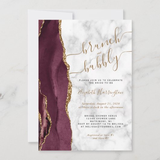 Brunch & Bubble Burgundy Gold Agate Vrijgezellenfe Kaart (Voorkant)