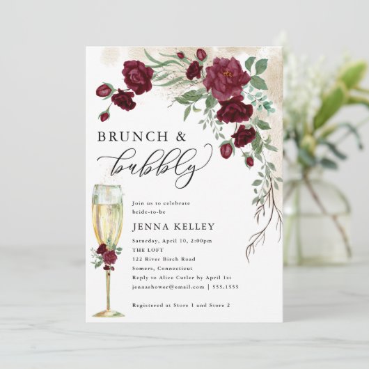 Brunch & Bubble Burgundy Roos Vine, Vrijgezellenfe Kaart (Staand voorkant)