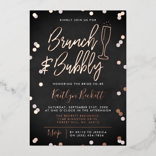 Brunch & Bubble Confetti Vrijgezellenfeest Real Folie Uitnodiging (Voorkant)