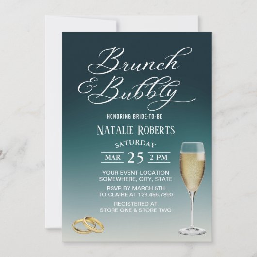 Brunch & Bubble Elegant Blauwgroen Ombre Vrijgezel Kaart (Voorkant)