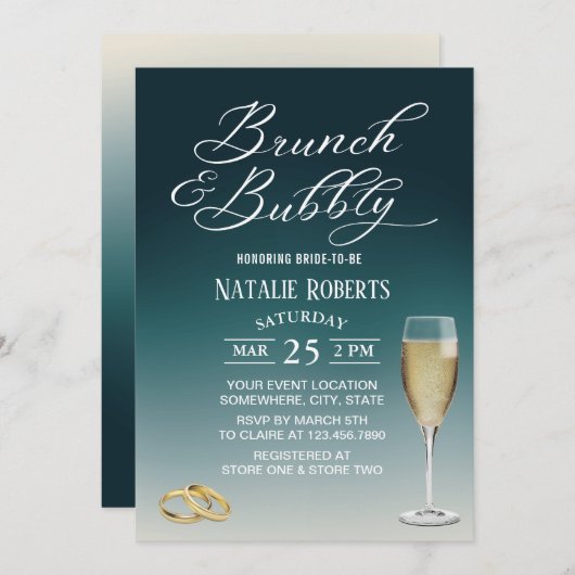 Brunch & Bubble Elegant Blauwgroen Ombre Vrijgezel Kaart (Voorkant / Achterkant)