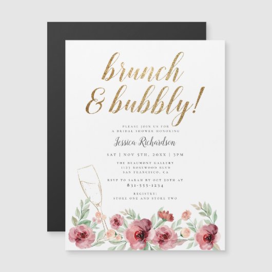 Brunch & Bubble Gold Script Floral Vrijgezellenfee Magnetische Uitnodiging (Voorkant / Achterkant)