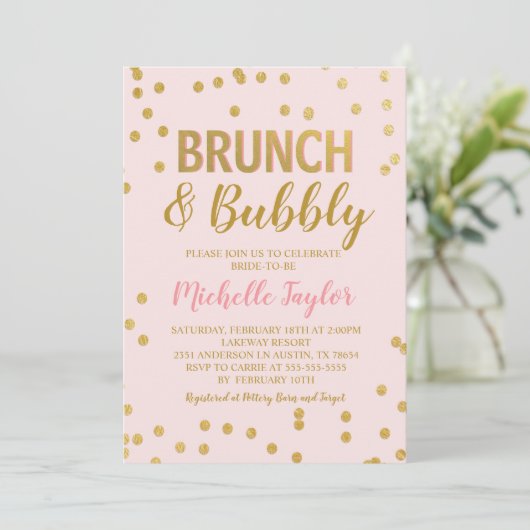 Brunch & Bubble Invitation | Roze en goud Kaart (Staand voorkant)