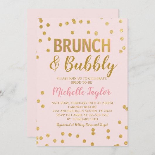 Brunch & Bubble Invitation | Roze en goud Kaart (Voorkant / Achterkant)