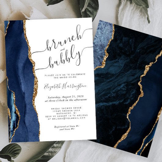 Brunch & Bubble Navy Blue Gold Agate Vrijgezellenf Kaart