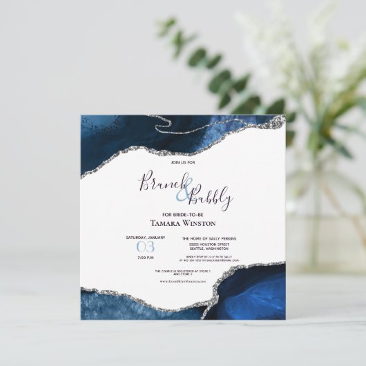Brunch Bubble Navy Silver Glitter Agate Shower Kaart (Staand voorkant)