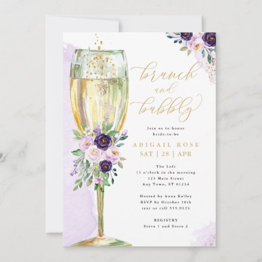 Brunch & Bubble Paars Gold Vrijgezellenfeest Kaart (Voorkant)