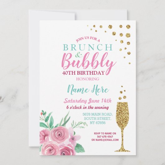 Brunch & Bubble Pink Birthday Floral Invite Kaart (Voorkant)