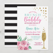 Brunch & Bubble Pink Birthday Floral Invite Kaart (Voorkant / Achterkant)