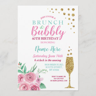 Brunch & Bubble Pink Birthday Floral Invite Kaart