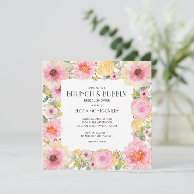 Brunch Bubble Pink Floral Vrijgezellenfeest Invite (Staand voorkant)