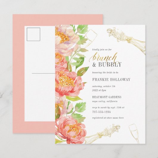 Brunch & Bubble Rozen & Gold Glitter Vrijgezellenf Uitnodiging Briefkaart (Voorkant / Achterkant)