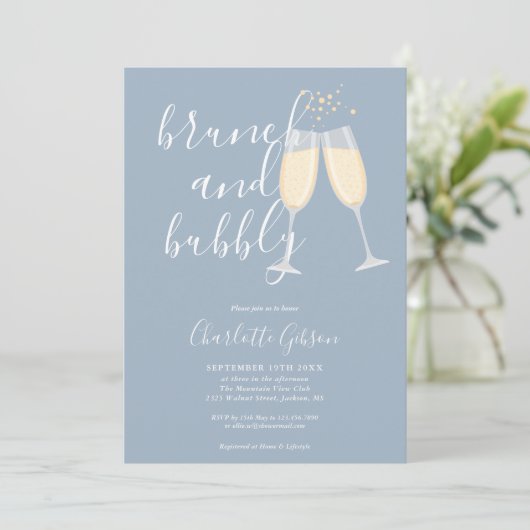 Brunch Bubble Script Vrijgezellenfeest Dusty Blue Kaart (Staand voorkant)