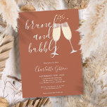 Brunch Bubble Script Vrijgezellenfeest Terracotta Kaart<br><div class="desc">Een elegante brunch en brutale doucheuitnodiging met champagnebril en de naam van het handtekeningscript,  kan deze stijlvolle uitnodiging worden gepersonaliseerd met uw informatie in het schrijven van een teken op een terracotta achtergrond. Ontworpen door: Thisnotme©</div>