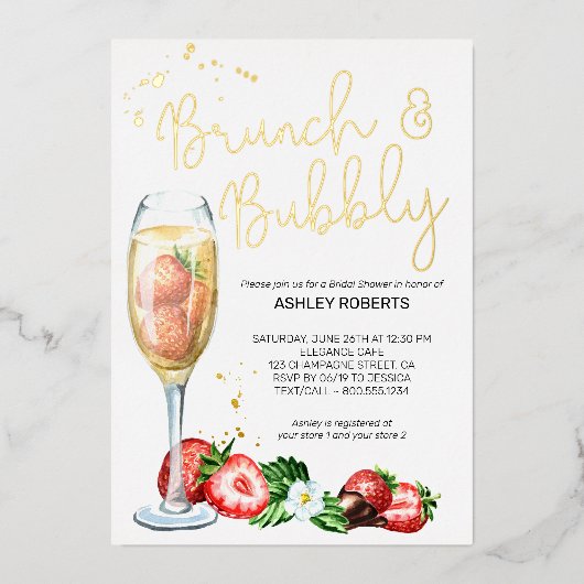 Brunch Bubble Strawberry Champagne Vrijgezellenfee Folie Uitnodiging (Voorkant)