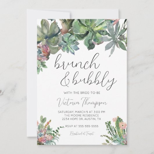 Brunch & Bubble Succulent Bridal Shower Invitation Kaart (Voorkant)