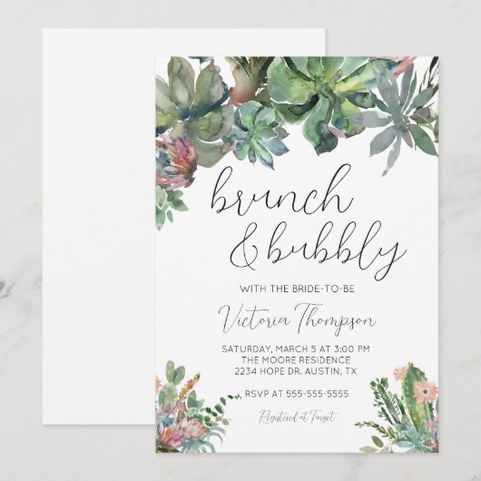 Brunch & Bubble Succulent Bridal Shower Invitation Kaart (Voorkant / Achterkant)