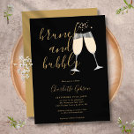 Brunch Bubble Vrijgezellenfeest Black en Gold Kaart<br><div class="desc">Een elegante brunch en een brute brutale doucheuitnodiging met champagnebril en de naam van het handtekeningsmanuscript,  kan deze stijlvolle uitnodiging met uw informatie in het krijgsgoudletters op een zwarte achtergrond worden gepersonaliseerd. Ontworpen door: Thisnotme©</div>