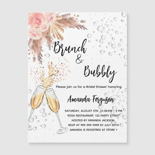Brunch Bubble Vrijgezellenfeest blush pampas luxe Magnetische Uitnodiging (Voorkant)