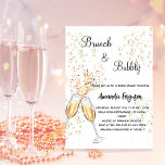 Brunch Bubble Vrijgezellenfeest blush roze glamour Kaart<br><div class="desc">Een moderne,  stijlvolle en glamoureuze uitnodiging voor een verbluffend brunch Vrijgezellenfeest. Een witte achtergrond met belletjes,  een paar fluiten,  een bril. De naam wordt geschreven met een modern handgeschreven stijlmanuscript met letters. Pas je partijgegevens aan en voeg deze toe. Achterzijde: zwarte roze achtergrond met bellen.</div>