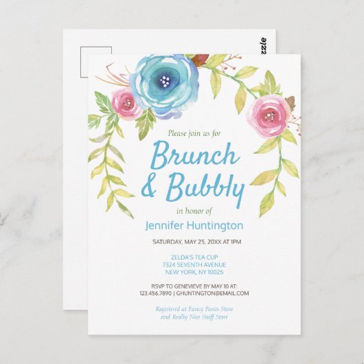 Brunch & Bubble Vrijgezellenfeest Floral Invitatio Briefkaart (Voorkant / Achterkant)