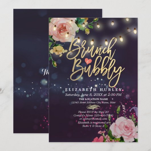 Brunch & Bubble Vrijgezellenfeest Floral String Li Kaart (Voorkant / Achterkant)