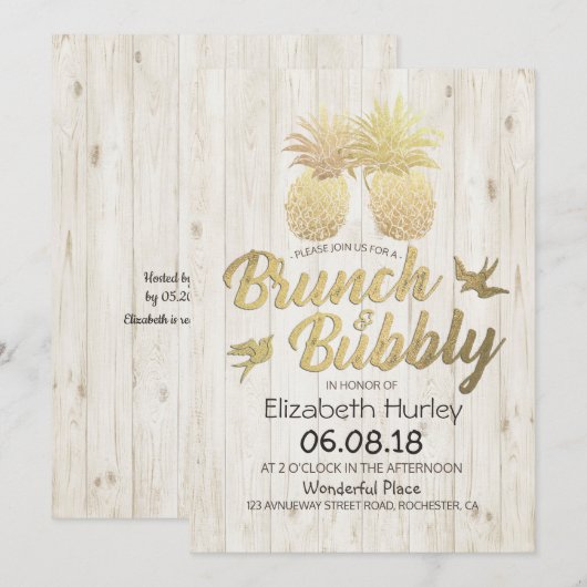 Brunch & Bubble Vrijgezellenfeest Gold Pineapples Kaart (Voorkant / Achterkant)