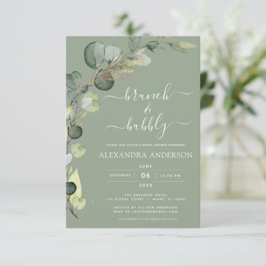 Brunch & Bubble Vrijgezellenfeest Greenery Eucalyp Kaart (Staand voorkant)