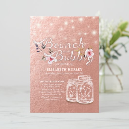 Brunch & Bubble Vrijgezellenfeest Mason Jars Roos Kaart (Staand voorkant)