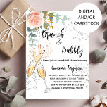 Brunch Bubble Vrijgezellenfeest roos goudfloral Kaart<br><div class="desc">Een moderne,  stijlvolle en glamoureuze uitnodiging voor een verbluffend brunch Vrijgezellenfeest. Een witte achtergrond met luchtbelletjes,  een paar fluiten,  een bril,  een gouden bloem van het roos en eucalyptusgroen. De naam wordt geschreven met een modern handgeschreven stijlmanuscript met letters. Pas je partijgegevens aan en voeg deze toe.</div>