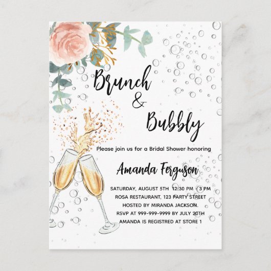 Brunch Bubble Vrijgezellenfeest roos goudfloral Uitnodiging Briefkaart (Voorkant)