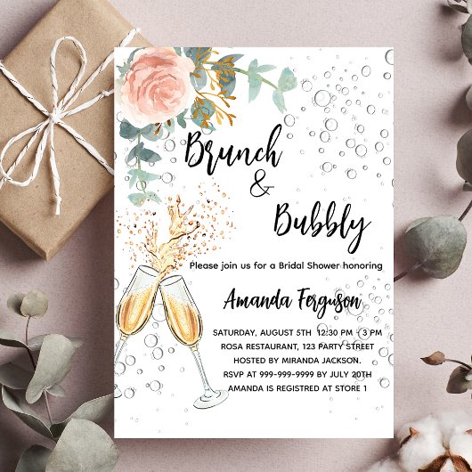 Brunch Bubble Vrijgezellenfeest roos goudfloral Uitnodiging Briefkaart