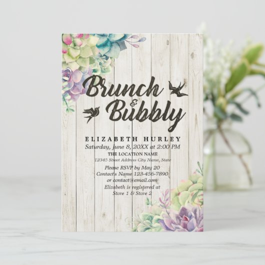 Brunch Bubble Vrijgezellenfeest Succulent Rustic W Kaart (Staand voorkant)