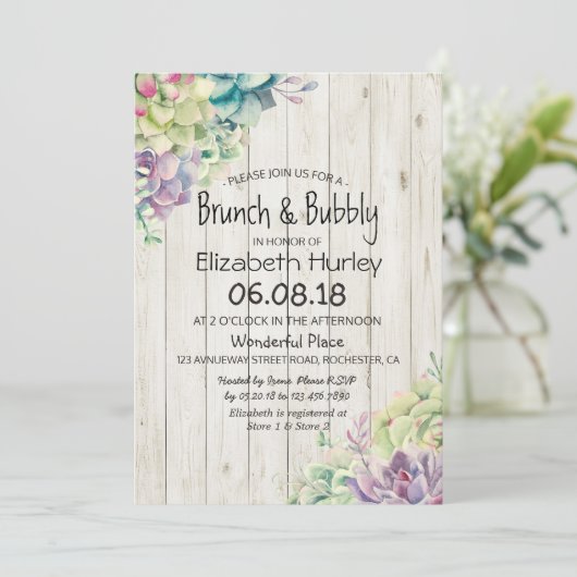 Brunch Bubble Vrijgezellenfeest Succulent Rustic W Kaart (Staand voorkant)