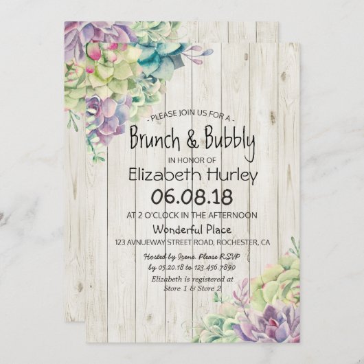Brunch Bubble Vrijgezellenfeest Succulent Rustic W Kaart (Voorkant / Achterkant)