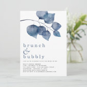 Brunch Bubbly Blauw Foliage Vrijgezellenfeest Invi Kaart (Staand voorkant)