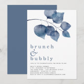 Brunch Bubbly Blauw Foliage Vrijgezellenfeest Invi Kaart (Voorkant / Achterkant)