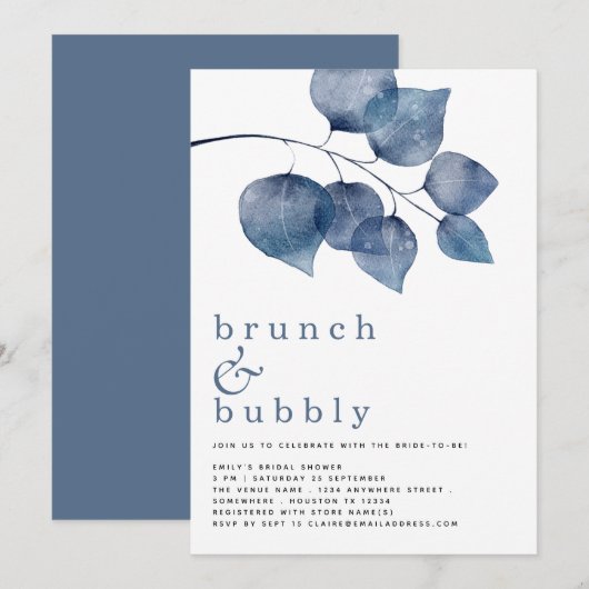 Brunch Bubbly Blauw Foliage Vrijgezellenfeest Invi Kaart (Voorkant / Achterkant)