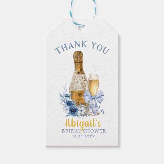 BRUNCH & BUBBLY Blauwe Bloemige Bruidsbruiloft Cadeaulabel (Voorkant)